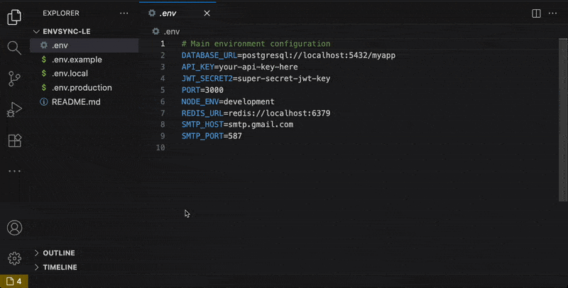 EnvSync-LE in use: Spot missing keys across your .env files — automatic checks, a status bar counter, and a markdown report.