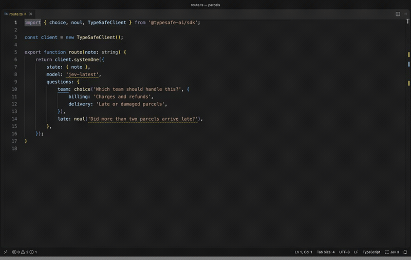 JevLint-LE in use: Lint the questions you send to TypeSafe's Jev model as you type, with no API key and no network calls. An optional command asks Jev itself to check a file