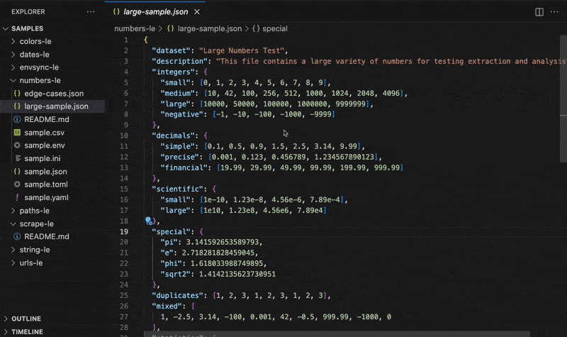 Numbers-LE in use: Extract numeric values from JSON, YAML, CSV, TOML, INI, and .env.