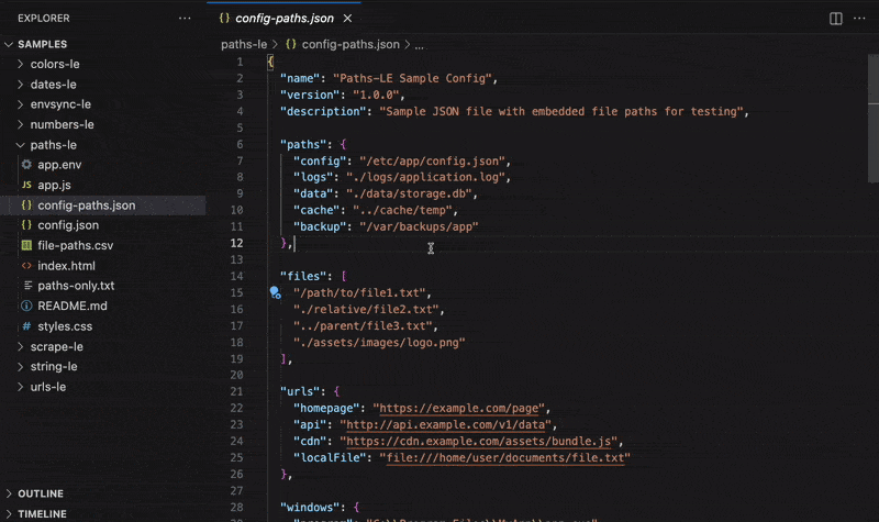 Paths-LE in use: Pull every file path out of JS/TS imports, JSON, HTML, CSS, TOML, CSV, and .env files.