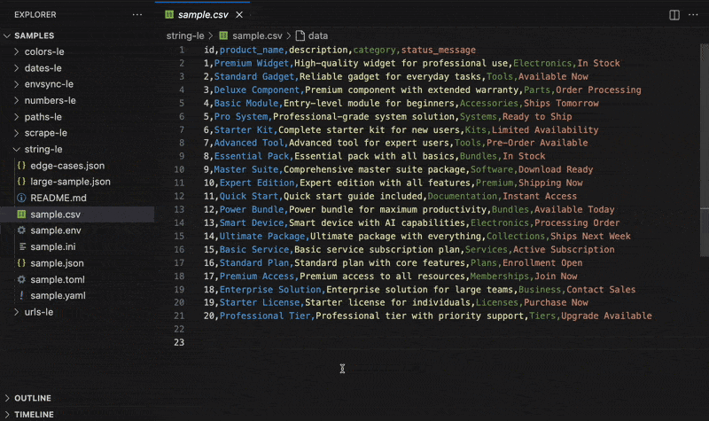 String-LE in use: Extract string values from JSON, YAML, CSV, TOML, INI, and .env — for i18n.
